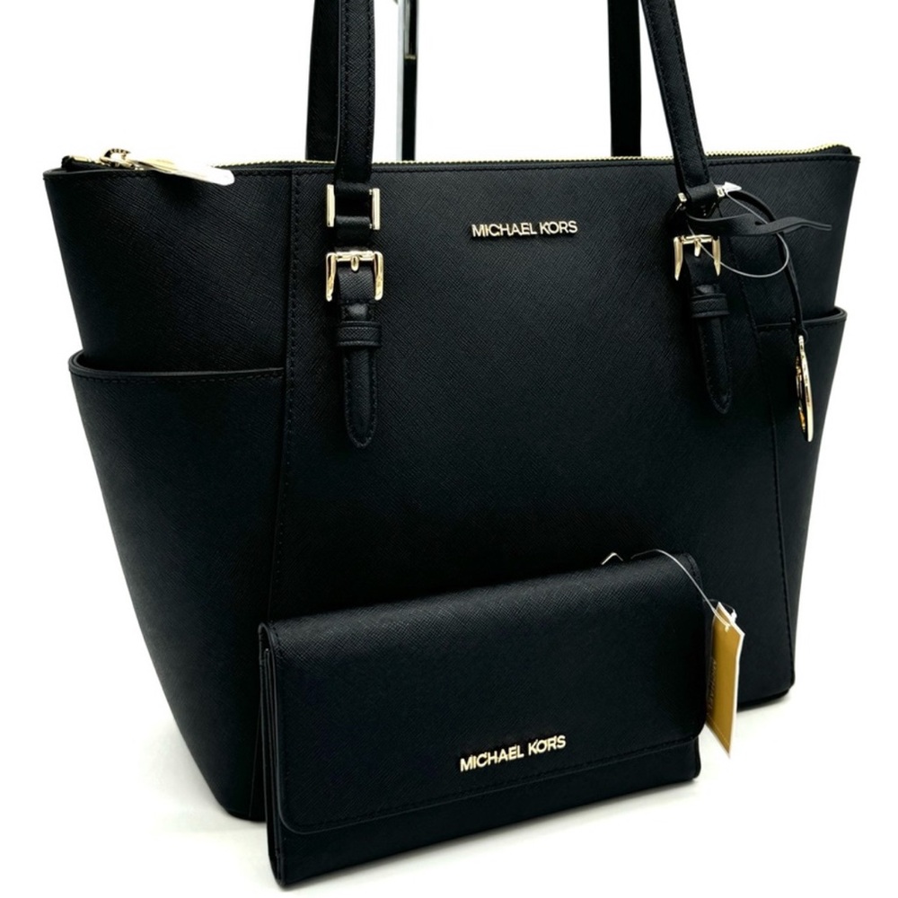 Michael Kors Large Charlotte TZ Tote Bag & Large Trifold Wallet Black/Gold - Picture 3 of 14